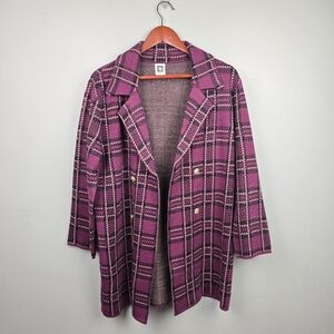 Knit Open Front Cardigan Plaid Blazer Sweater Purple Womens Size M Dark Academia